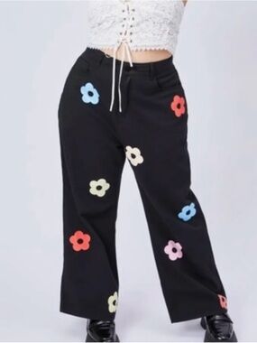 CIDER Black Floral Print Wide Leg High Waisted Jeans Size 0XL
